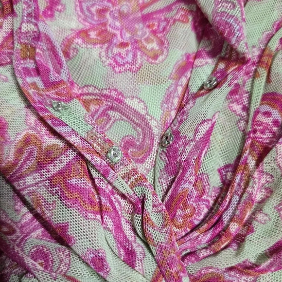 Misa Los Angeles Ava Midi Dress in Vintage Paisley, Stretch Mesh, Ruched Bodice. - Picture 16 of 16